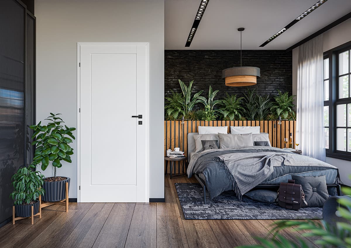 Usa de interior alba Classen Lirgo intr-un dormitor modern - promotie 10% Extraplast - fundal